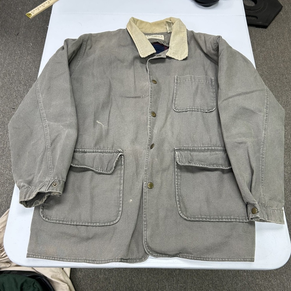 herringbone Field Coat Mens L Gray Canvas Corduroy Collar Distressed Barn Jacket